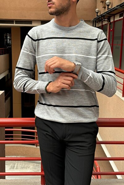 inpool Men's Crew Neck Knitwear Sweater - Stripe Detailed, Standard Fit, Old Money Culture 24Pltk04