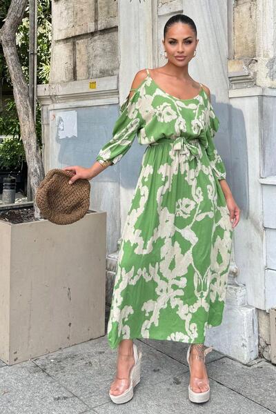 NEW LAVİVA Rochie de damă lungă, cu curele, detaliată pe umăr, bej verde