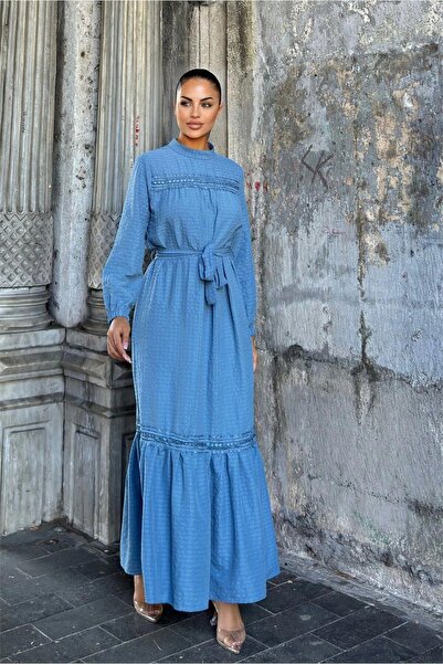 NEW LAVİVA Rochie maxi Lotus cu brâu indigo și detaliu din dantelă
