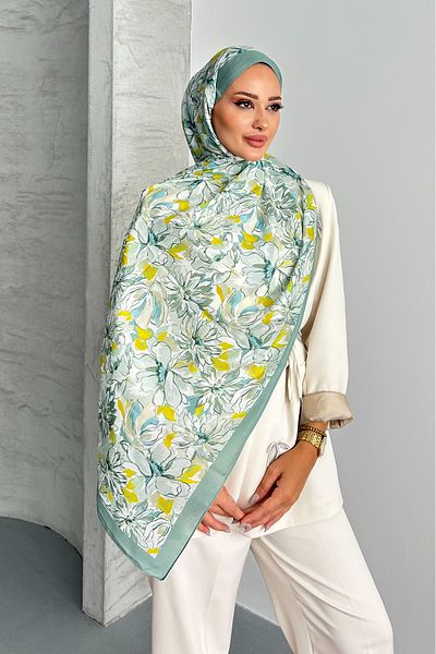 Stella Eşarp Lotus Flower Pattern Green Color Soft Cotton Shawl