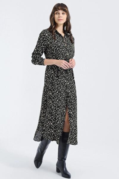 NEW LAVİVA Women's Khaki Leopard Print Slit Long Sleeve Classic Collar Maxi Length, Long Comfortable and Casual Dress