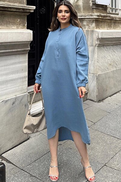 NEW LAVİVA Rochie de muselină importată din bumbac cu mânecă cu balon și guler șef - lungă