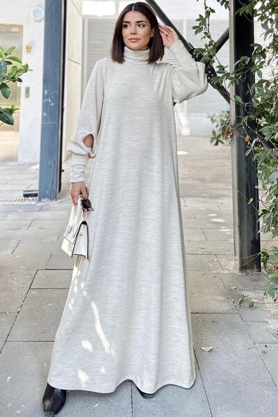 NEW LAVİVA Γυναικείο μπεζ λαιμόκοψη, μακριά μανίκια και λεπτομέρεια παραθύρου, γραμμή Α, φαρδύ, μακρύ φόρεμα