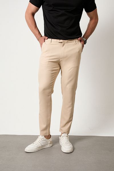 GETMAH Men's Beige Color Double Button Tongue Quality Flexible Fabric Trousers