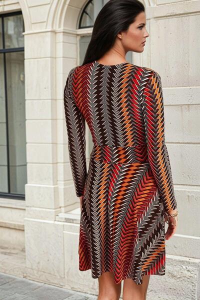 NEW LAVİVA Tan Double Breasted Neckline, Geometric Print, Midi Dress