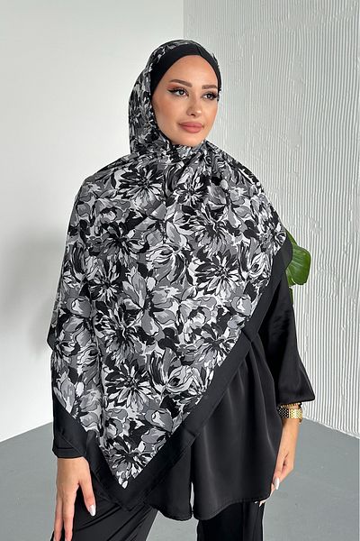 Stella Eşarp Lotus Flower Pattern Black Color Soft Cotton Shawl