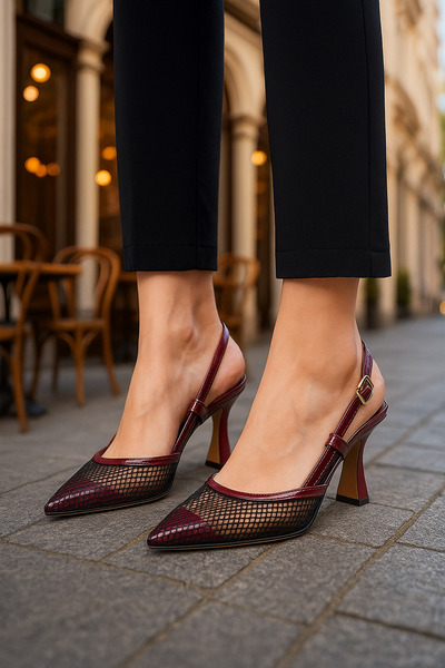 Nstil Daily Women's Burgundy Mesh Open Back Adjustable Buckle Thin Heeled Evening Dress Shoes 923