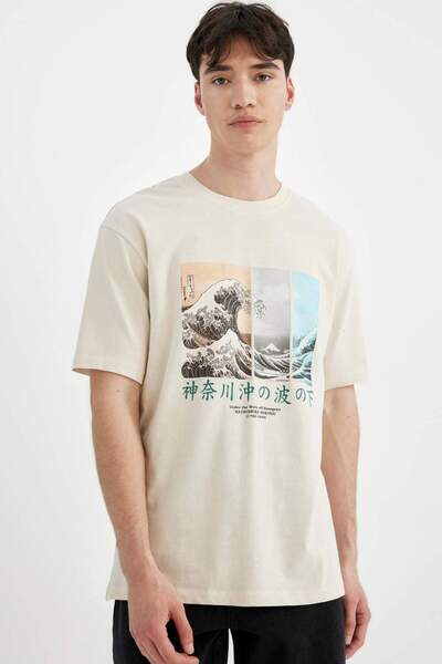 DeFacto %100 Pamuk Art Hokusai Regular Fit Bisiklet Yaka Kısa Kollu Tişört C2164AX24SM