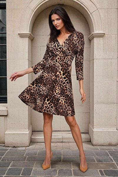 NEW LAVİVA Λεοπάρ στάμπα, διπλό γιακά, γραμμή Α, μίνι φόρεμα