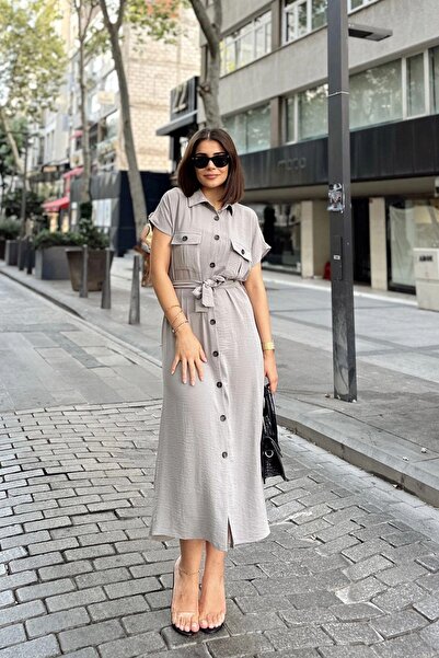 NEW LAVİVA Gray/Stone Short Sleeve, Shirt Collar, Solid Pattern, Double Pocket, Aerobin Fabric, Belted Maxi Dress