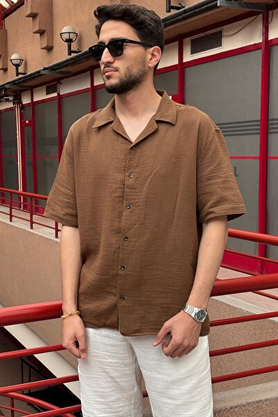 inpool Men'S, Apaş Collar, Oversize, 100% Cotton, Muslin Woven, Short Sleeve Shirt G14