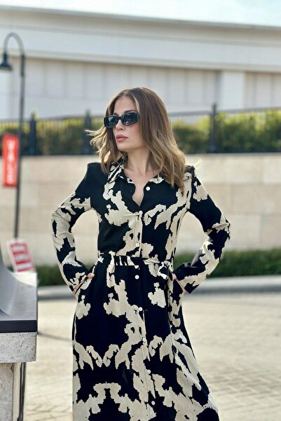 NEW LAVİVA Dámské černo-béžové dlouhé rukávy, s páskem, rozparkem, dlouhé košilové šaty z viskózy (úzký střih)