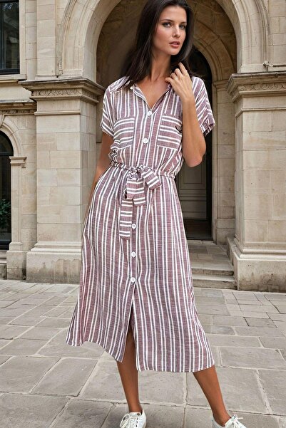 NEW LAVİVA Burgundy, Shirt Neck, Button, Belt Detail, Linen, Long Dress