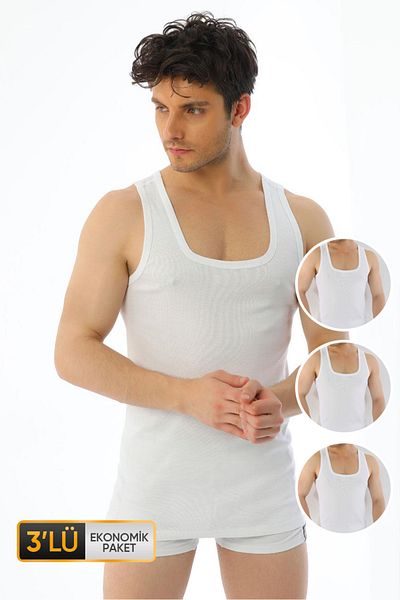 Çift Kaplan Men's White 3-Piece Rib Tank Top 775