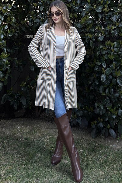 NEW LAVİVA Women's Yellow & Ecru Striped, Straw Rope Belt, Two Pockets, Long Linen Jacket