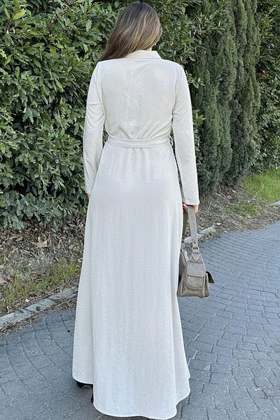 NEW LAVİVA Women's Beige Kupra Fabric, Long Sleeve, Waist Belted, Body Fitting, Long Shirt Dress