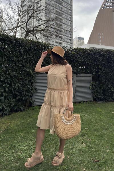 NEW LAVİVA Women's Beige Sleeveless, Halter Neck, Solid Color Pattern, A-Line Fit/Cut, Ruffle Midi Dress