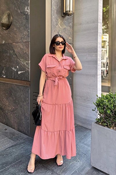 NEW LAVİVA Gül Kurusu Kısa Kol, Airobin Kumaş, Yarım Patlı, Kuşaklı, Eteği Pliseli, Cepli Maxi Uzun Elbise