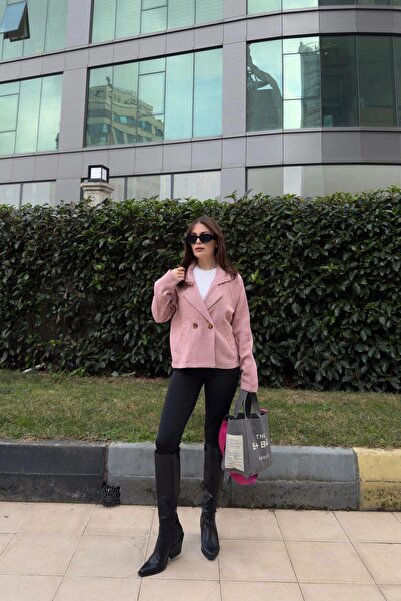 NEW LAVİVA Γυναικείο γιακά με διπλό στήθος σε πούδρα, διπλά κουμπιά, άνετη εφαρμογή, υφασμάτινο μπουφάν με ραβδώσεις