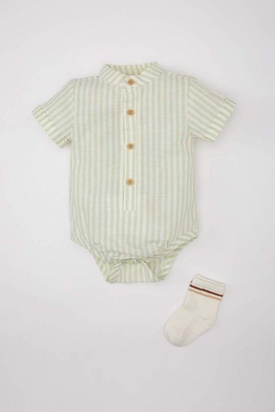 DeFacto Baby Boy Newborn 2-Piece Set Button-Down Collar Striped Short Sleeve Snap Fastener Body Socks C5182A524Sm