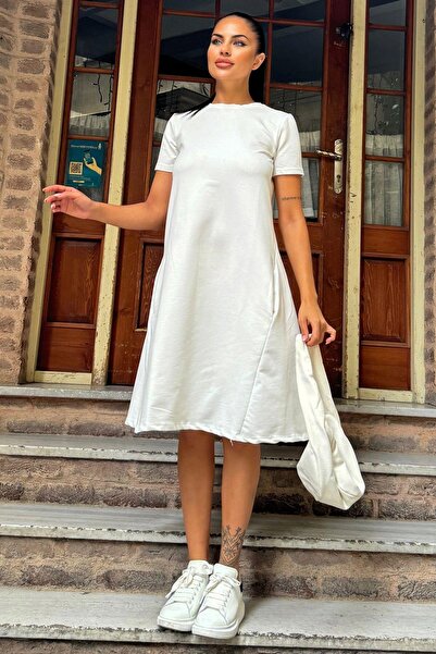 NEW LAVİVA Ecru Women's Casual Dress - Round Neck, Short Sleeve, Knee Length, Flowy A-Line