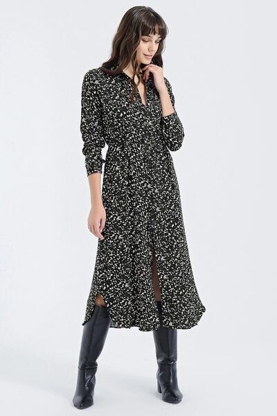 NEW LAVİVA Women's Khaki Leopard Print Slit Long Sleeve Classic Collar Maxi Length, Long Comfortable and Casual Dress