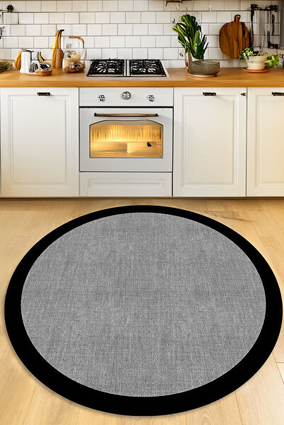 Decomia Home Dijital Kaymaz Yıkanabilir Siyah Çerçeveli Jüt Görünümlü Gri Yuvarlak Salon Halısı Mutfak Halısı