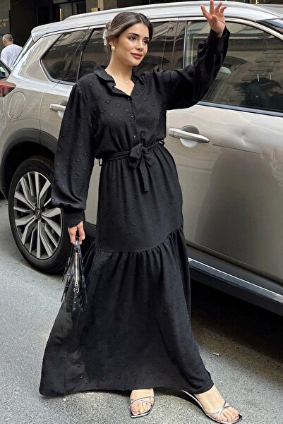 NEW LAVİVA Kadın Siyah Dokulu Kumaş, Beli Kuşaklı, Balon Kol, A Kesim, Vintage Maksi Elbise - Tesettüre Uygun