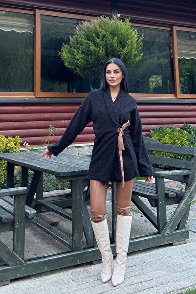 NEW LAVİVA Black Double Breasted Collar, Leather Belt, Lamb Plush Cardigan Jacket