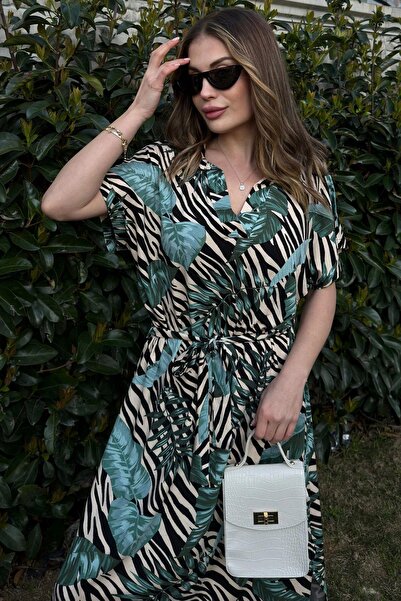 NEW LAVİVA Kadın Yeşil & Siyah Kısa Kol, V Yaka, Beli Kuşaklı Salaş Uzun Elbise