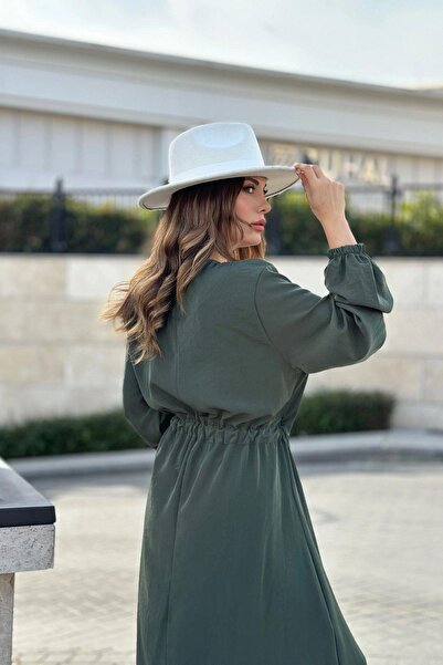 NEW LAVİVA Kadın Haki Kruvaze Yaka, Yırtmaçlı, Beli Kuşaklı, Kol Bilekleri Lastikli, Salaş, Uzun Elbise