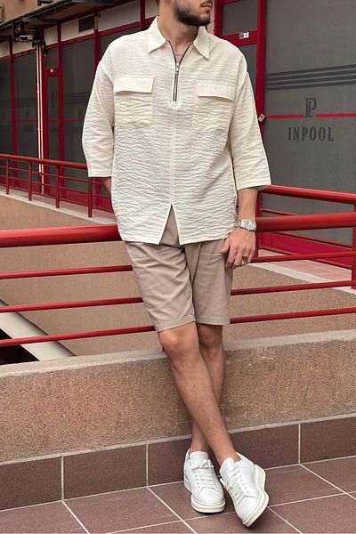 inpool Men's Linen Blended Oversize Shirt (G12) Half Metal Zipper