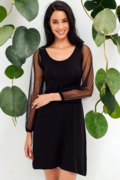 NEW LAVİVA Kadın Siyah Yuvarlak Yaka Uzun Kol tül detaylı Midi Boy Diz üstü R...