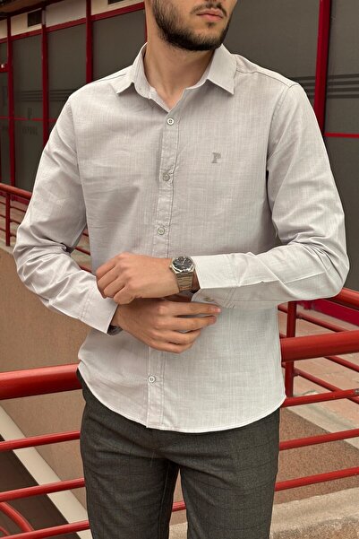 inpool Erkek, Gömlek yaka, Regular Fit, Pamuklu, Keten dokuma, Old Money Culture, Nakış detaylı Gömlek G10