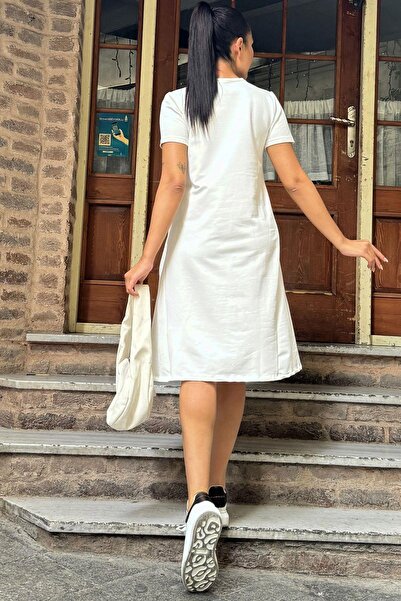 NEW LAVİVA Ecru Women's Casual Dress - Round Neck, Short Sleeve, Knee Length, Flowy A-Line