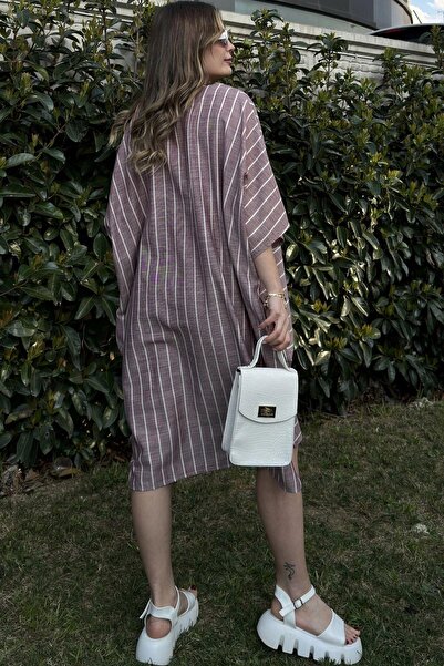 NEW LAVİVA Γυναικείο λινό μπορντό ριγέ, μισό μανίκι, λαιμόκοψη V, τσέπες, φαρδύ μίντι φόρεμα