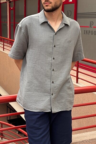 inpool Bărbați, guler apaș, supradimensionat, 100% bumbac, țesut muselină, cămașă cu mânecă scurtă G14