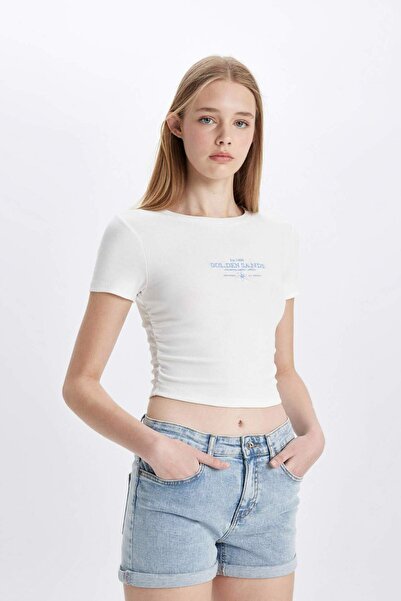 DeFacto Прилепваща се велосипедна яка с принт Рибана къса ръкава бяла тениска D0346AX24HS