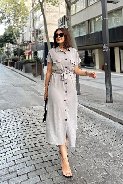 NEW LAVİVA Gray/Stone Short Sleeve, Shirt Collar, Solid Pattern, Double Pocket, Aerobin Fabric, Belted Maxi Dress