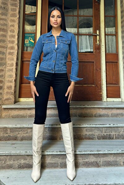 NEW LAVİVA Jachetă albastră slim fit, cu buzunare, nasturi, blugi din denim