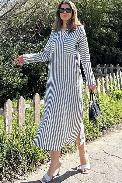 NEW LAVİVA Γυναικείο φόρεμα σε χρώμα ανθρακί - γιακάς πόλο, φαρδύ λινό, διπλή...