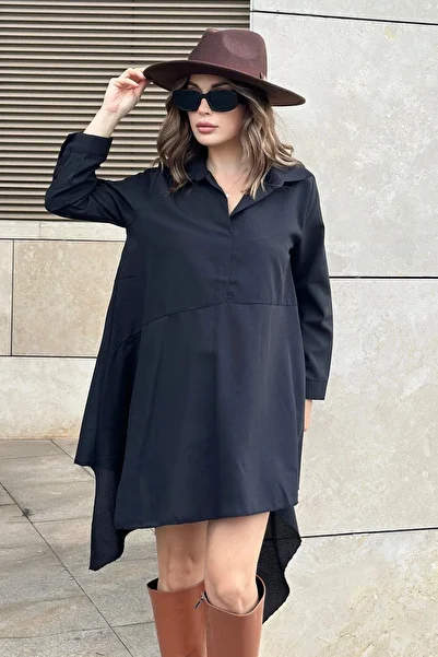 NEW LAVİVA Guler de cămașă neagră pentru femei, mânecă lungă, croială asimetrică, largi, rochie tunică midi