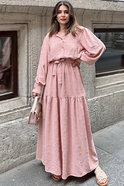 NEW LAVİVA Vintage μάξι φόρεμα σε χρώμα πούδρας - Κατάλληλο για ζώνη στη μέση, μανίκι με μπαλόνι και χιτζάμπ σε γραμμή Α