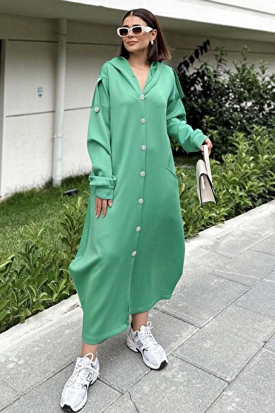 NEW LAVİVA Kadın Yeşil Kapüşonlu, Uzun Kol, Düğme Detaylı, Eteği Oval, Çift C...
