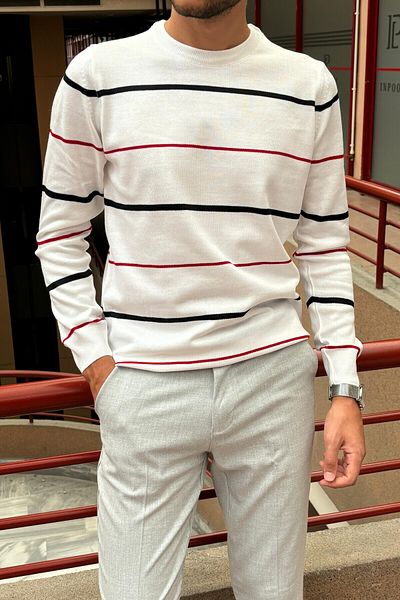 inpool Men's Crew Neck Knitwear Sweater - Stripe Detailed, Standard Fit, Old Money Culture 24Pltk04