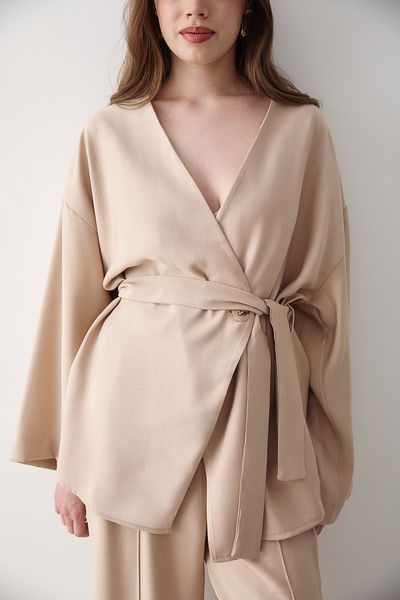 JASTE Women's Beige V-Neck Belt Detailed Bottom & Top Set