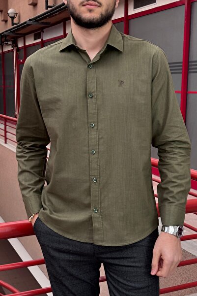 inpool Erkek, Gömlek yaka, Regular Fit, Pamuklu, Keten dokuma, Old Money Culture, Nakış detaylı Gömlek G10