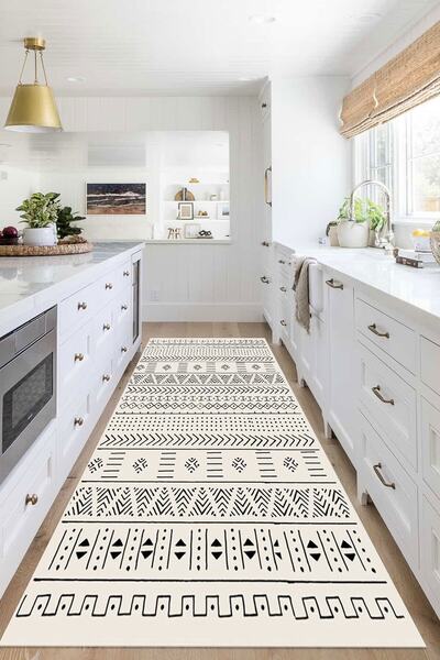 Decomia Home Dijital Kaymaz Yıkanabilir Kırık Beyaz Iskandinav Mutfak Halısı Salon Halısı Balkon Halısı Yolluk