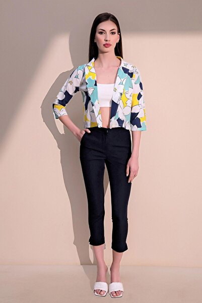 NEW LAVİVA Women's Yellow & Navy Stylish Patterned Poplin Crop Jacket