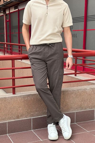 inpool Men'S, Elastic Waist, Ribbed Detail, Cotton, Linen Woven, Regular Fit, Cargo Pocket Pants Inp293